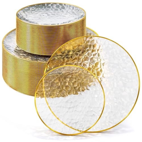 Stock Your Home Clear Disposable Plates with Gold Rim (60 Pack) Elegant Hammered Party Plates, 30 Dinner & 30 Dessert Plates for Weddings, Holidays & Special Events