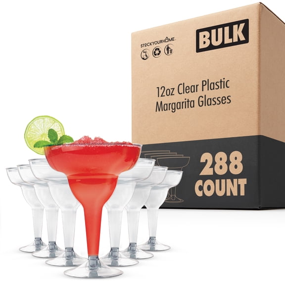 Stock Your Home Clear Plastic Margarita Glasses Disposable (Set of 288) Decorations for Cinco de Mayo Parties, Cocktail Cups for Tropical Party Supplies - Large 12 oz Hurricane Glasses
