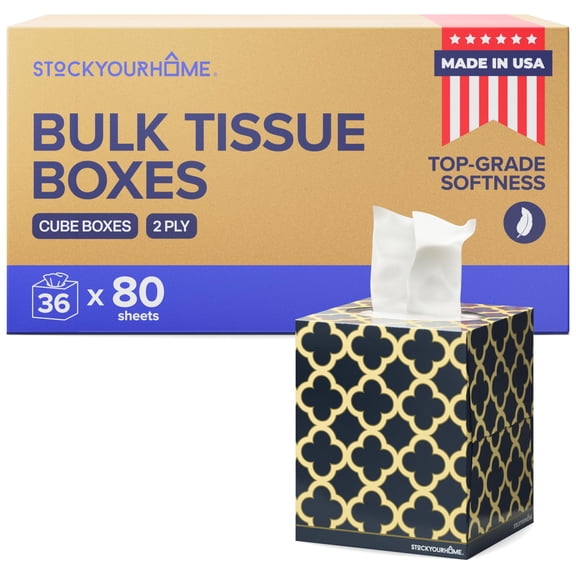 Stock Your Home Cube Tissue Boxes, 36 Pack Facial Tissues, Soft 2-Ply Paper Tissues, White Cube Tissue Boxes for Home, Office, Bathroom, Bedroom, or Classroom, Made In the USA