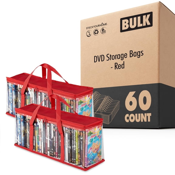 Stock Your Home DVD Storage Bags (60 Pack) Media Organizer for DVDs, CDs, Blu-ray, VHS, Video Games, Clear Plastic Holders with Handles and Zipper, Red