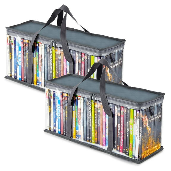 Stock Your Home DVD Storage Bags (Set of 2) Media Organizer Bag for DVDs, CDs, Blu Ray Disc, Movie Cases, VHS Box, Video Game Disks, Clear Plastic Holders with Carrying Handles and Zipper - Gray