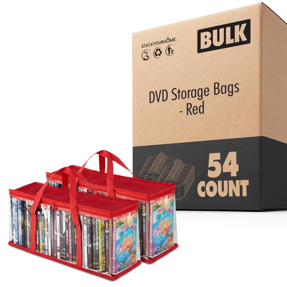 Stock Your Home DVD Storage Bags (Set of 54) Media Organizer Bag for DVDs, CDs, Blu Ray Disc, Movie Cases, VHS Box, Video Game Disks, Clear Plastic Holders with Carrying Handles and Zipper - Red
