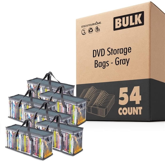 Stock Your Home DVD Storage Bags (Set of 54) Media Organizer Bag for DVDs, CDs, Blu Ray Disc, Movie Cases, VHS Box, Video Game Disks, Clear Plastic Holders with Carrying Handles and Zipper - Gray