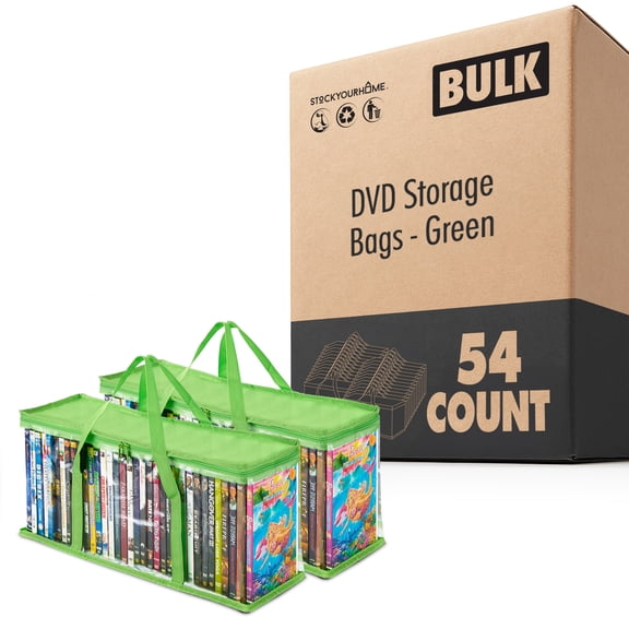 Stock Your Home DVD Storage Bags (Set of 54) Media Organizer Bag for DVDs, CDs, Blu Ray Disc, Movie Cases, VHS Box, Video Game Disks, Clear Plastic Holders with Carrying Handles and Zipper - Green