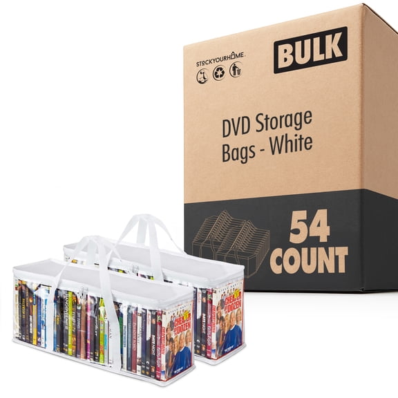 Stock Your Home DVD Storage Bags (Set of 54) Media Organizer Bag for DVDs, CDs, Blu Ray Disc, Movie Cases, VHS Box, Video Game Disks, Clear Plastic Holders with Carrying Handles and Zipper - White
