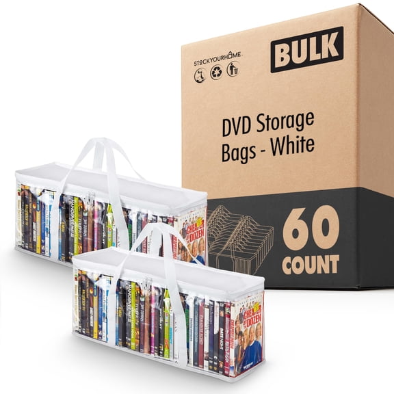 Stock Your Home DVD Storage Bags (Set of 60) Media Organizer Bag for DVDs, CDs, Blu Ray Disc, Movie Cases, VHS Box, Video Game Disks, Clear Plastic Holders with Carrying Handles and Zipper - White