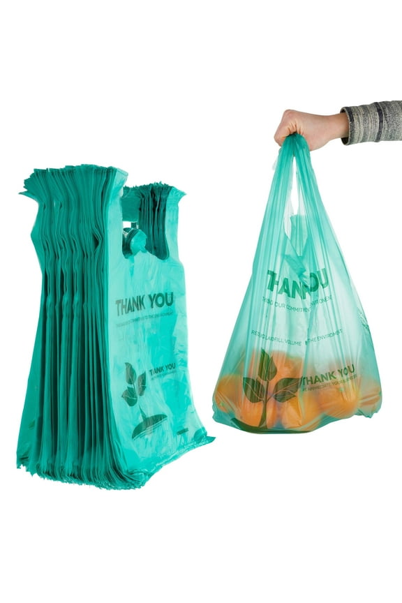 Eco Grocery Bags Disposable (200 Pack) T-Shirt Thank You Bag with Handles for Supermarket, Groceries, Produce, Shopping, Trash, Small Baggies Bulk