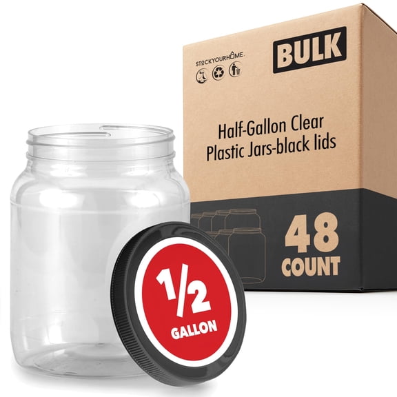 Stock Your Home Half Gallon Clear Plastic Jars with Lids (48 Pack) 64 oz Wide Mouth Large Jar with Lid, Big Container for Candy, Cookies, Arts & Crafts, Bartender Money Tips, Kitchen & Pantry Storage