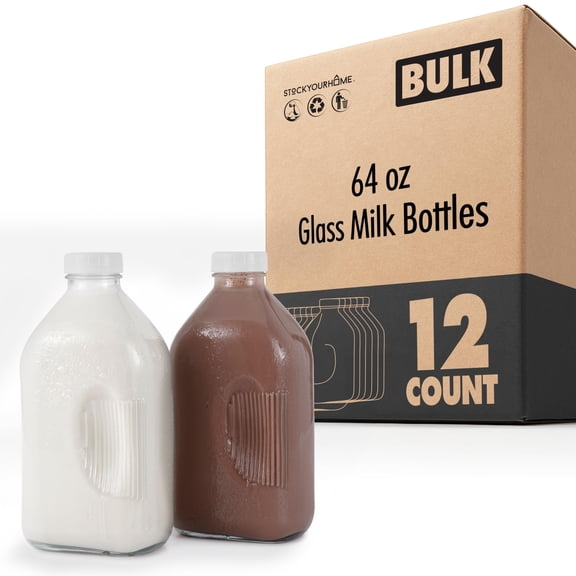 Stock Your Home Half Gallon Glass Milk Bottle with Lid 12 Pack 64 oz Jugs and 8 White Caps Reusable Food Grade Bottles for Juice Plant Milk Water or Honey