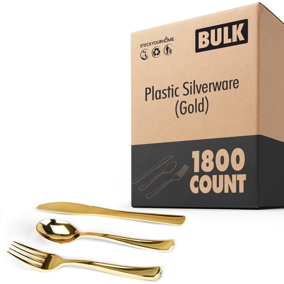 Stock Your Home Heavy Duty Gold Plastic Silverware Set 1800 Pieces Disposable Cutlery for Parties Weddings and Catering Includes Forks Spoons and Knives