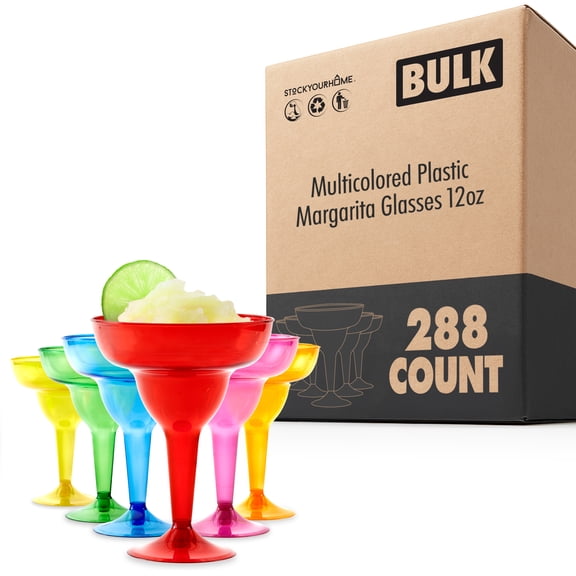 Stock Your Home Multicolor Plastic Margarita Glasses Disposable (Set of 288) Decorations for Cinco de Mayo Parties, Colorful Cocktail Cups for Tropical Party Supplies - Large 12 oz Hurricane Glasses