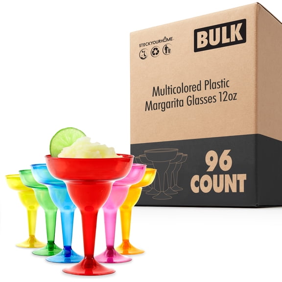 Stock Your Home Multicolor Plastic Margarita Glasses Disposable (Set of 96) Decorations for Cinco de Mayo Parties, Colorful Cocktail Cups for Tropical Party Supplies - Large 12 oz Hurricane Glasses