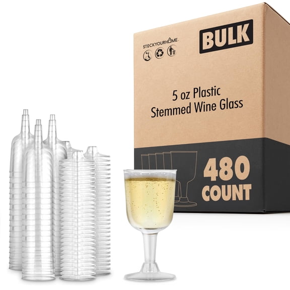 Stock Your Home Plastic Wine Glasses 5 oz (480 Pack), Clear Disposable and Reusable Cups, BPA Free Shatterproof Goblets for Champagne, Desserts, Weddings and Catering