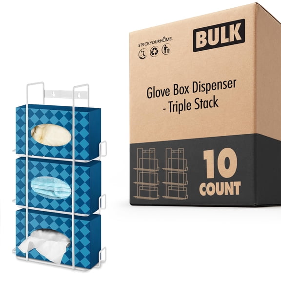 Stock Your Home (White) Metal Triple Gloves Dispenser, Tissue Box Shelf, Glove Box Holder Wall Mount, For Kitchen, Cleaning Closet, Lab, Exam, or Office 10 Count