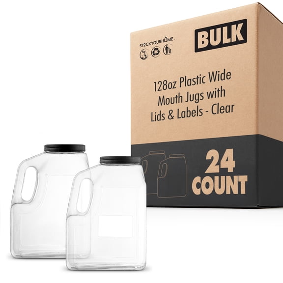 Stock Your Home Wide Mouth Gallon Jugs (24 Pack) 128 Ounce Rectangular Oblong Gallon Container Clear Plastic Jugs with Handle for Home Commercial or Restaurant Use