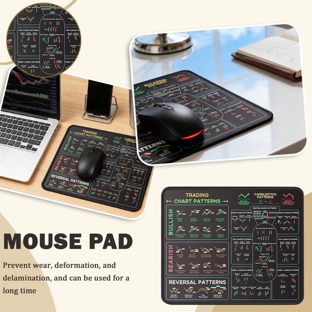 Stock Market Day Trader Mouse Pad with Chart Patterns Cheat Sheet, Large Stitched Edge Design, Ideal for Gamers and Designers, Non-Slip Base for Stability