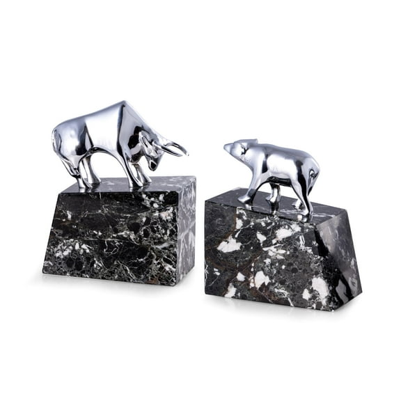 "Stock Market" Silver Plated Bull & Bear Bookends on Black "Zebra" Mable Base.