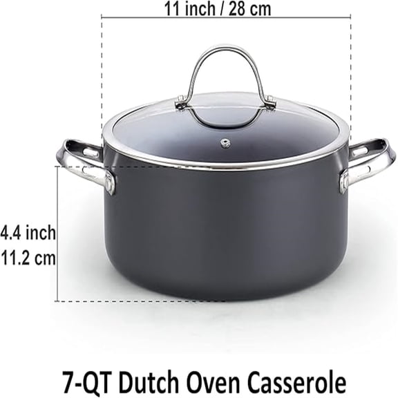 Stock Pot Dutch Oven Casserole with Glass Lid, 7-Quart Classic Hard Anodized Nonstick Stockpot, Black