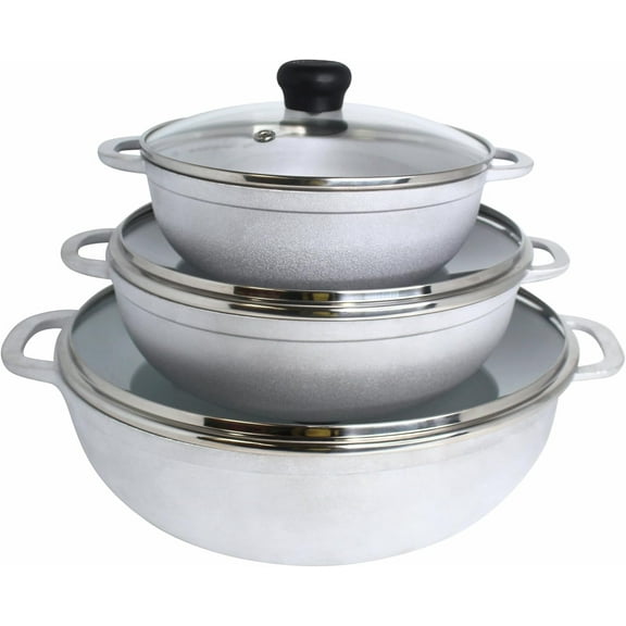 Stock Pot with Glass Lid 3pc Set, 1.5/2.5/5.2qt, Cast Aluminum, Perfect for Serving Medium & Small Groups, Riveted Handles, Made in Colombia, Silver.