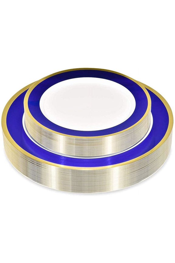 50 Piece -Blue And Gold - Disposable Plastic Plates For Weddings, Holidays, Parties, Catering And Everyday Use - 25 Dinner Plates And 25 Salad Plates