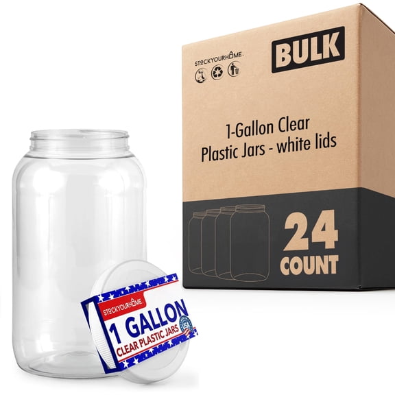 Stock Your Home 1 Gallon Plastic Jars with Lids 128 oz (24 Pack), Large Clear Containers for Candy, Cookies, Arts and Crafts, Pantry Storage