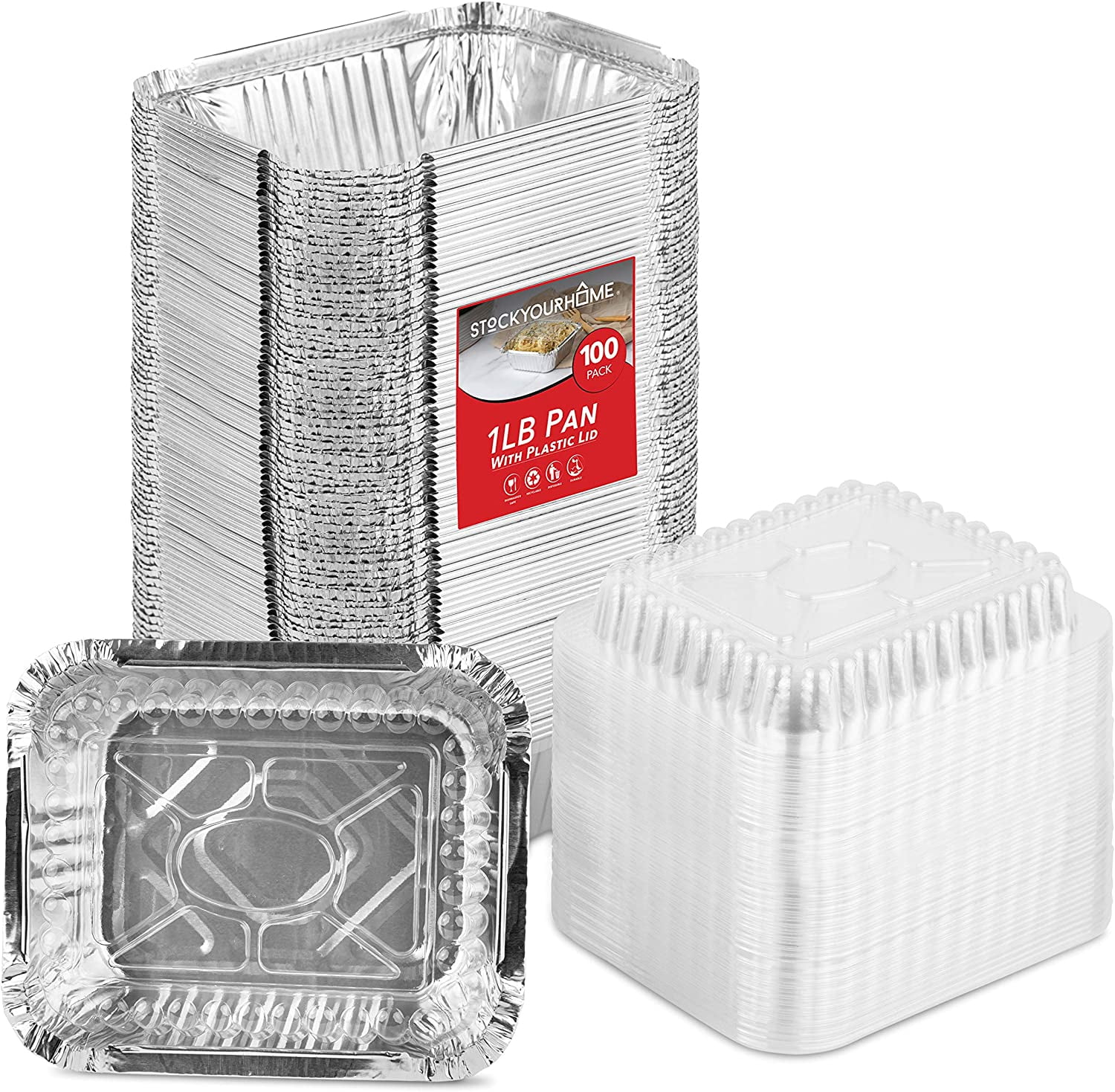 Stock Your Home 1 Lb Aluminum Foil Pans with Lids (100 Pack