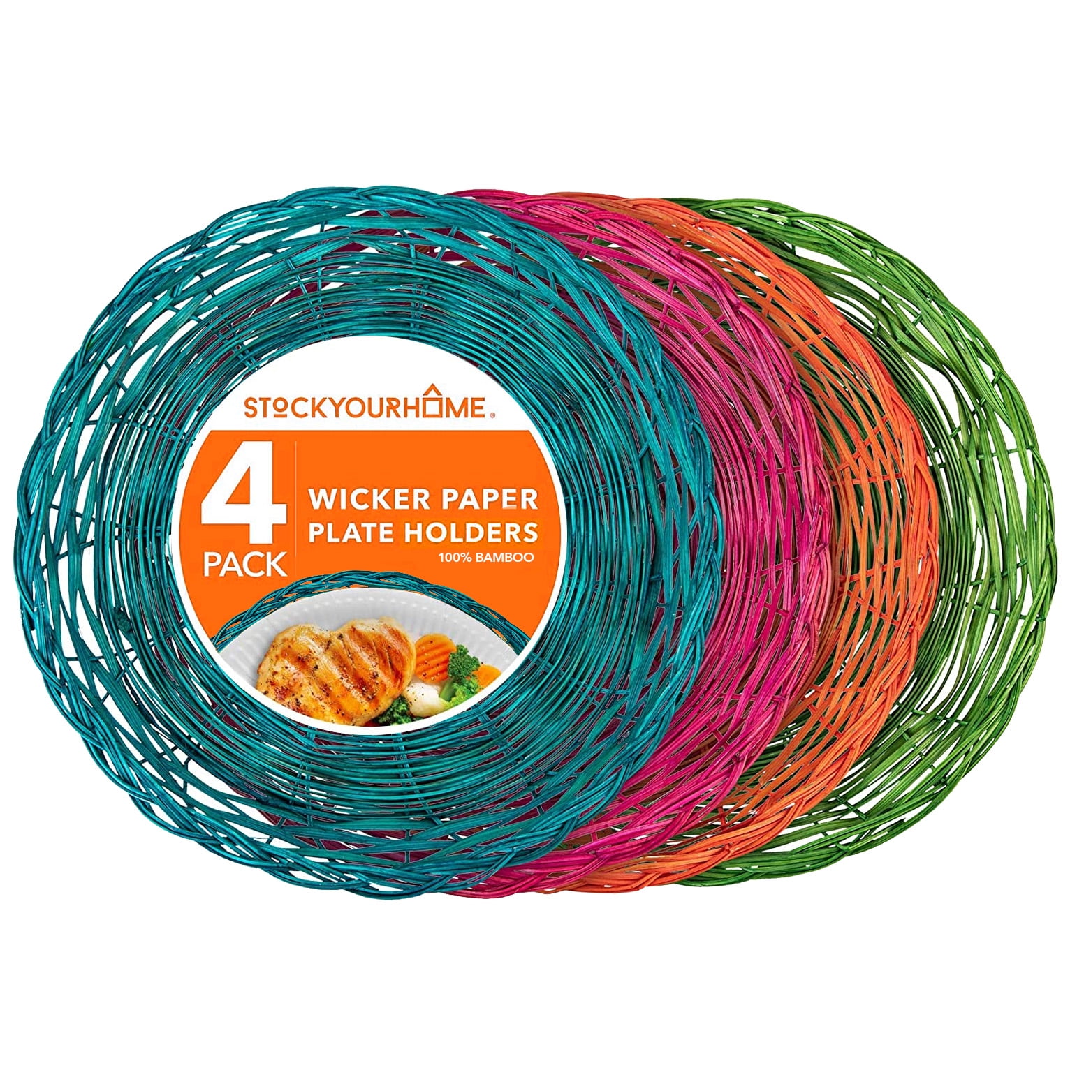 Multicolor 10-Inch Bamboo Wicker Paper Plate Holders, Set of 4