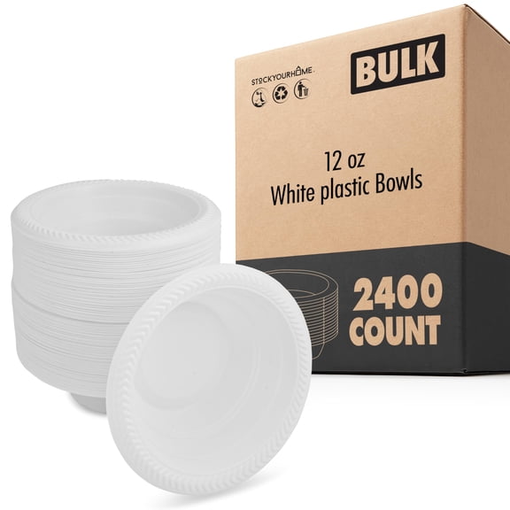 Stock Your Home 12 oz White Plastic Bowls (2400 Count), Heavy Duty Disposable Bowls for Dessert, Ice Cream, Pet Food, Catering or Everyday Use