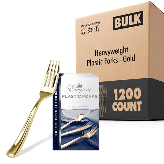 Stock Your Home 1200 Heavy Duty Disposable Plastic Forks, Fancy Plastic Silverware Looks Like Real Cutlery, Ideal for Events and Parties (Gold)