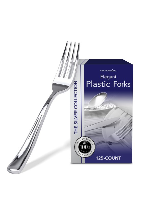 125 Disposable Heavy Duty Plastic Forks, Fancy Plastic Silverware Looks Like Real Cutlery - Utensils Perfect for Catering Events, Restaurants, Parties and Weddings (Silver)