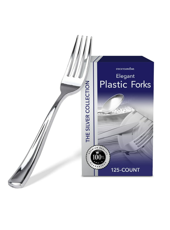 Stock Your Home 125 Disposable Heavy Duty Silver Plastic Forks, Plastic Silverware Utensils