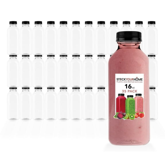 Juice Bottles with Caps for Juicing & Smoothies, Reusable Clear Empty Plastic Bottles with Caps, 16 Ounce Drink Containers for Mini Fridge, Juicer Shots, Small Water Bottles Bulk 16 oz (35 Pack)