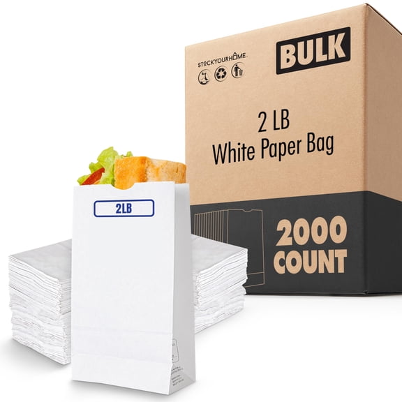 Stock Your Home 2 Lb White Paper Bags (2000 Count)  Eco Friendly Small Lunch Bags for Packing or Arts and Crafts