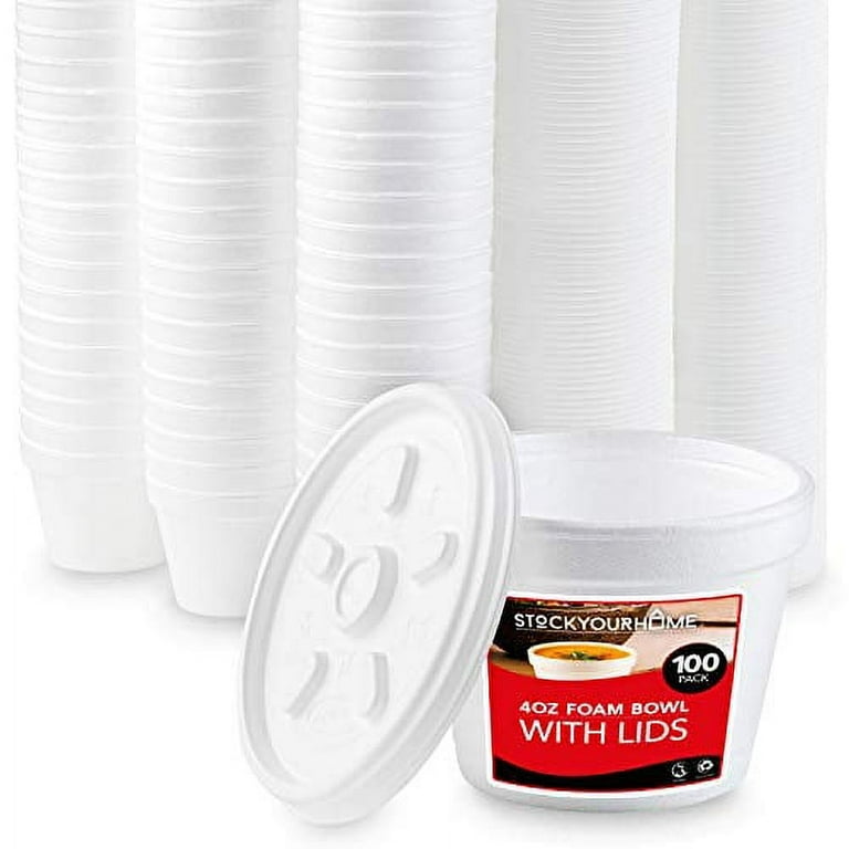 Stock Your Home 4 Ounce Foam Bowls with Lids (100 Count) - Foam Bowls with  Lids - Insulated to Go Foam Cups - to Go Containers for Soup, Oatmeal, Ice