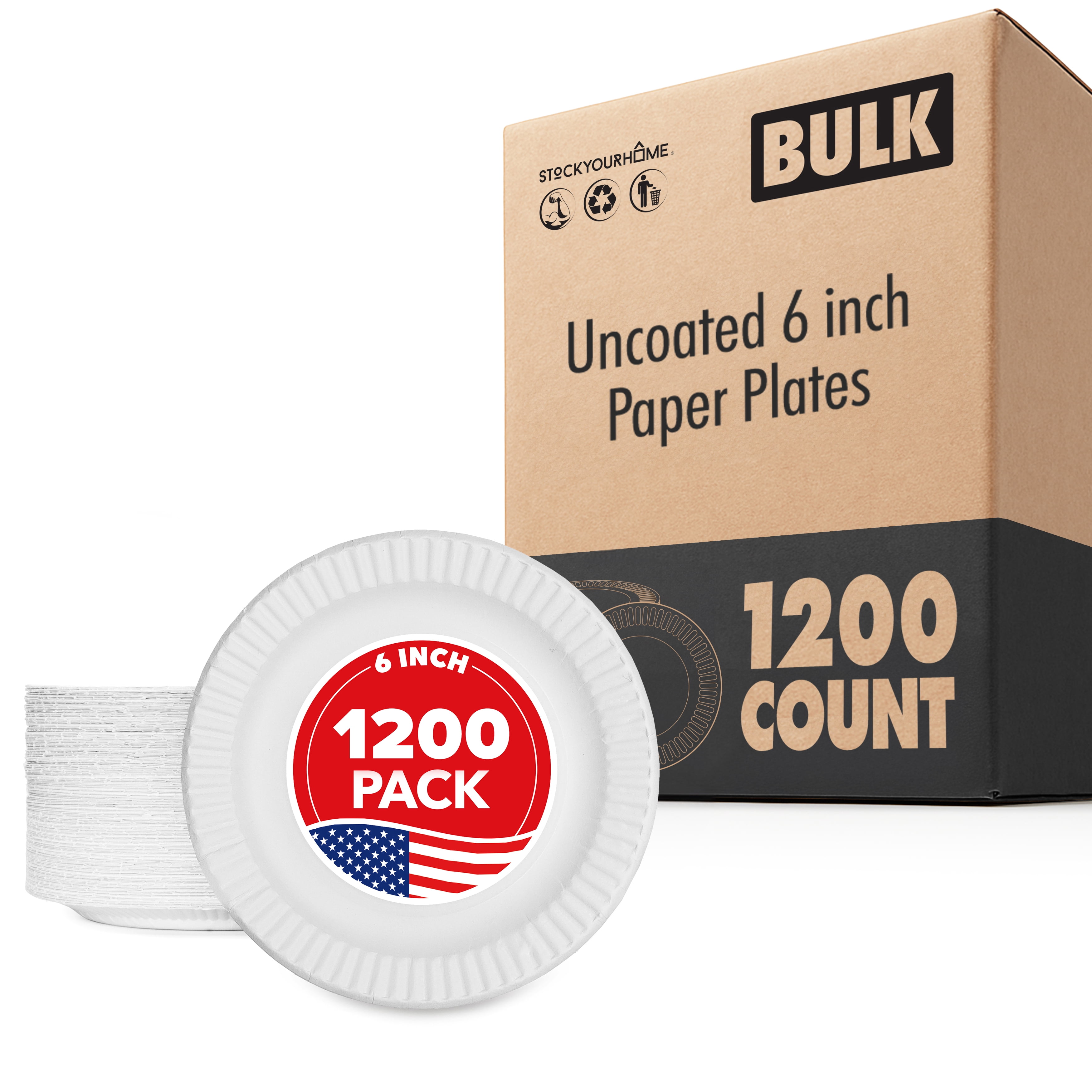 Stock Your Home 6-Inch Paper Plates Uncoated, Everyday Disposable Dessert Plates 6" Paper Plate Bulk, White, 1200 Count
