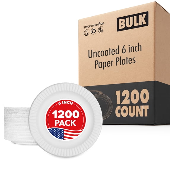 Stock Your Home 6-Inch Paper Plates Uncoated, Everyday Disposable Dessert Plates 6" Paper Plate Bulk, White, 1200 Count