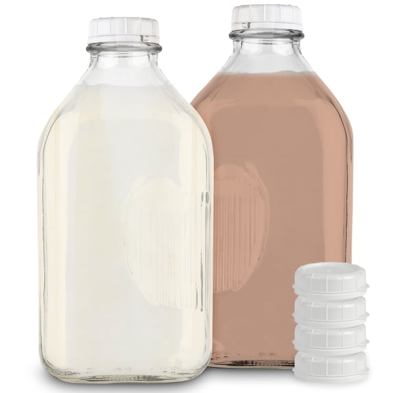 Stock Your Home 64-Oz Glass Milk Jugs with Caps (2 Pack) - 64 Ounce Food Grade Glass Bottles - Dishwasher Safe - Bottles for Milk, Buttermilk, Honey, Tomato Sauce, Jam, Barbecue Sauce