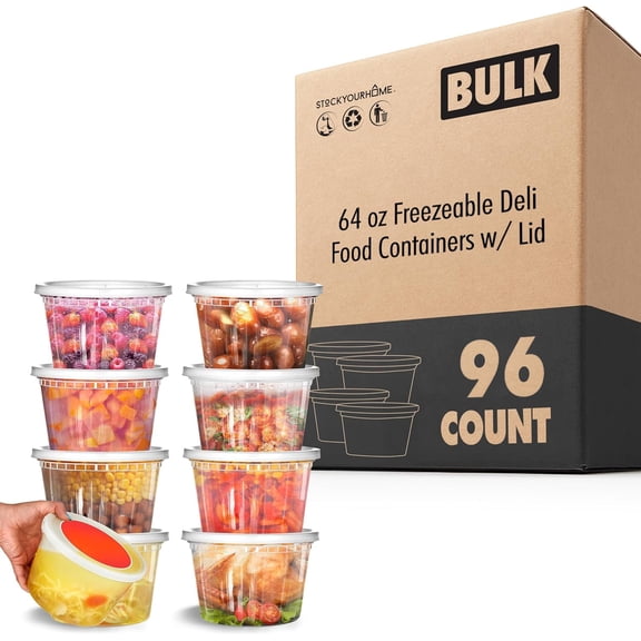 Stock Your Home 64 oz Plastic Deli Containers with Lids (96 Pack), Half Gallon Reusable Freezer and Food Storage Containers, Microwave Safe