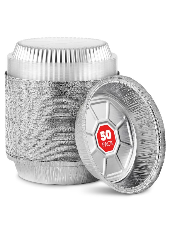 Stock Your Home 7 Inch Round Aluminum Pans with Lids (50 Pack) Disposable Foil Pan with Clear Dome Top, To Go Pie Tins, Containers for Baking or Take out Food