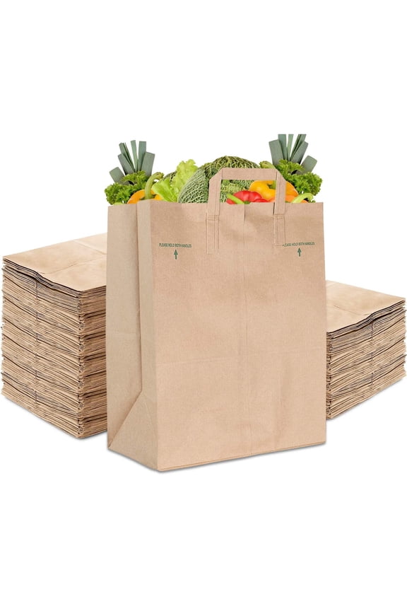 70 Lb Kraft Brown Paper Bags with Handles (50 Count) - Kraft Brown Paper Grocery Bags Bulk