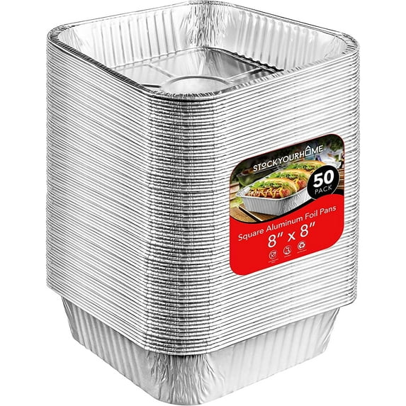 Stock Your Home 8-Inch Disposable Square Aluminum Foil Pans, Silver, 50 Pack