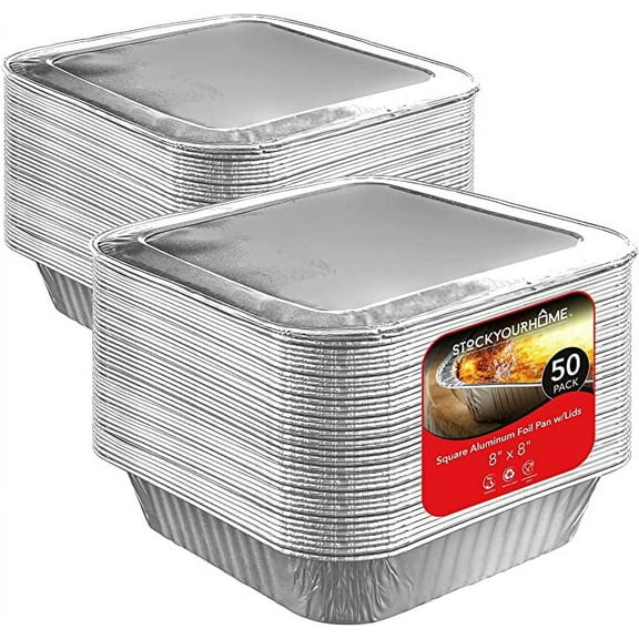 Stock Your Home 8” Square Disposable, Aluminum Foil Pans with Lids, 50 Pack