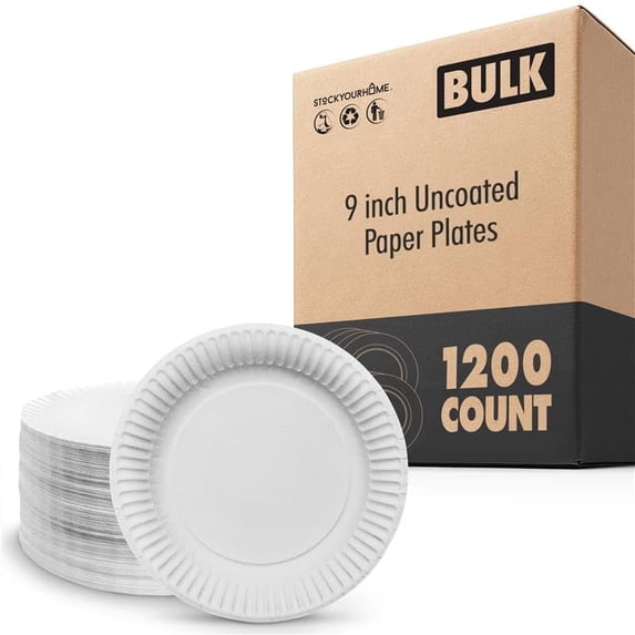 Stock Your Home 9-Inch Paper Plates Uncoated, Everyday Disposable Plates 9" Paper Plate Bulk, White, 1200 Count