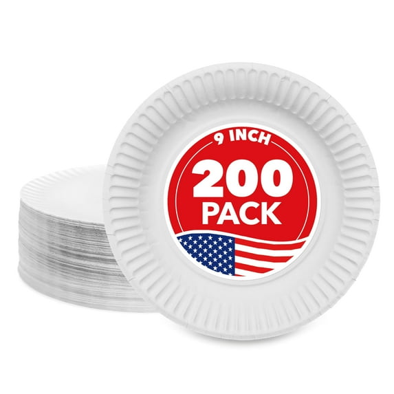 Stock Your Home 9-Inch AIF9 Paper Plates Uncoated, Everyday Disposable Plates 9" Paper Plate Bulk, White, 200 Count