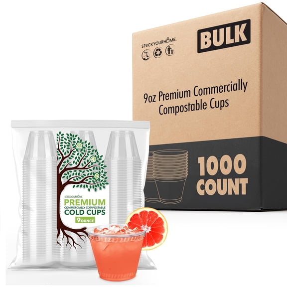 Stock Your Home 9 oz Premium Commercially Compostable Cold Cups 1000 Pack, Eco Friendly Disposable Cups for Water Wine Beer Samples