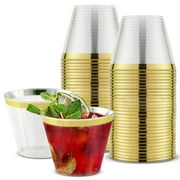 Stock Your Home 9 oz Gold-Rim Disposable Plastic Cups (100 Pack) Elegant Tumblers Glasses for Parties, Weddings, Holidays, Dessert Tumbler, Bulk Drinking Cup for Fruit Punch, Cocktails, Wine