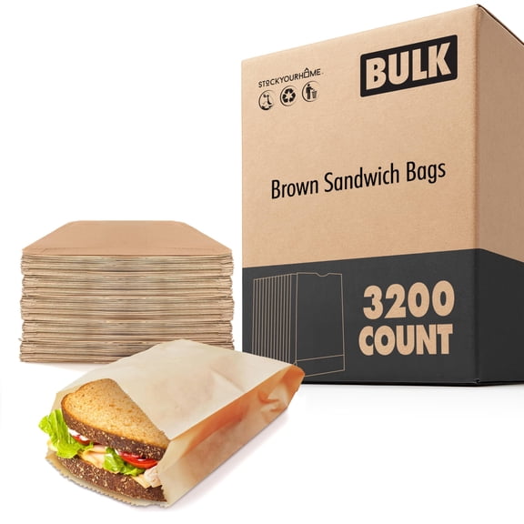Stock Your Home Brown Sandwich Bags (3200 Pack), Microwavable Unbleached Paper Bags for Pastries, Cookies, Snacks, Compostable