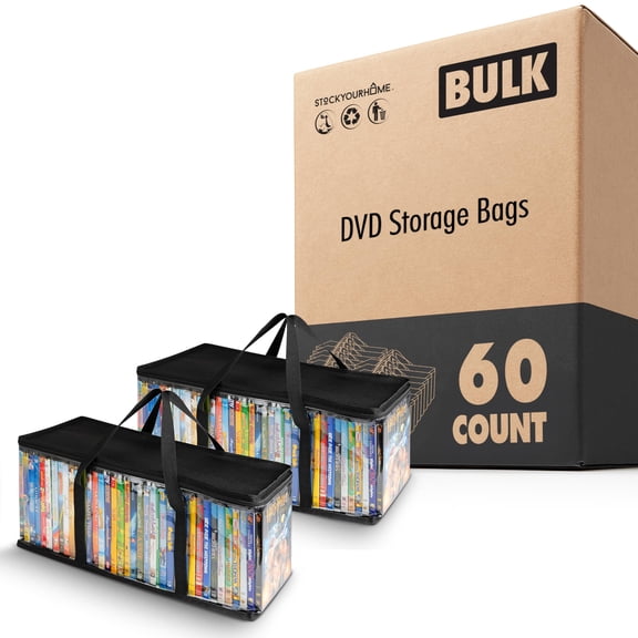 Stock Your Home DVD Storage Bags (60 Pack), Media Organizer Bags for DVDs, CDs, Blu Ray, VHS, Video Games, Clear with Handles and Zipper, Black