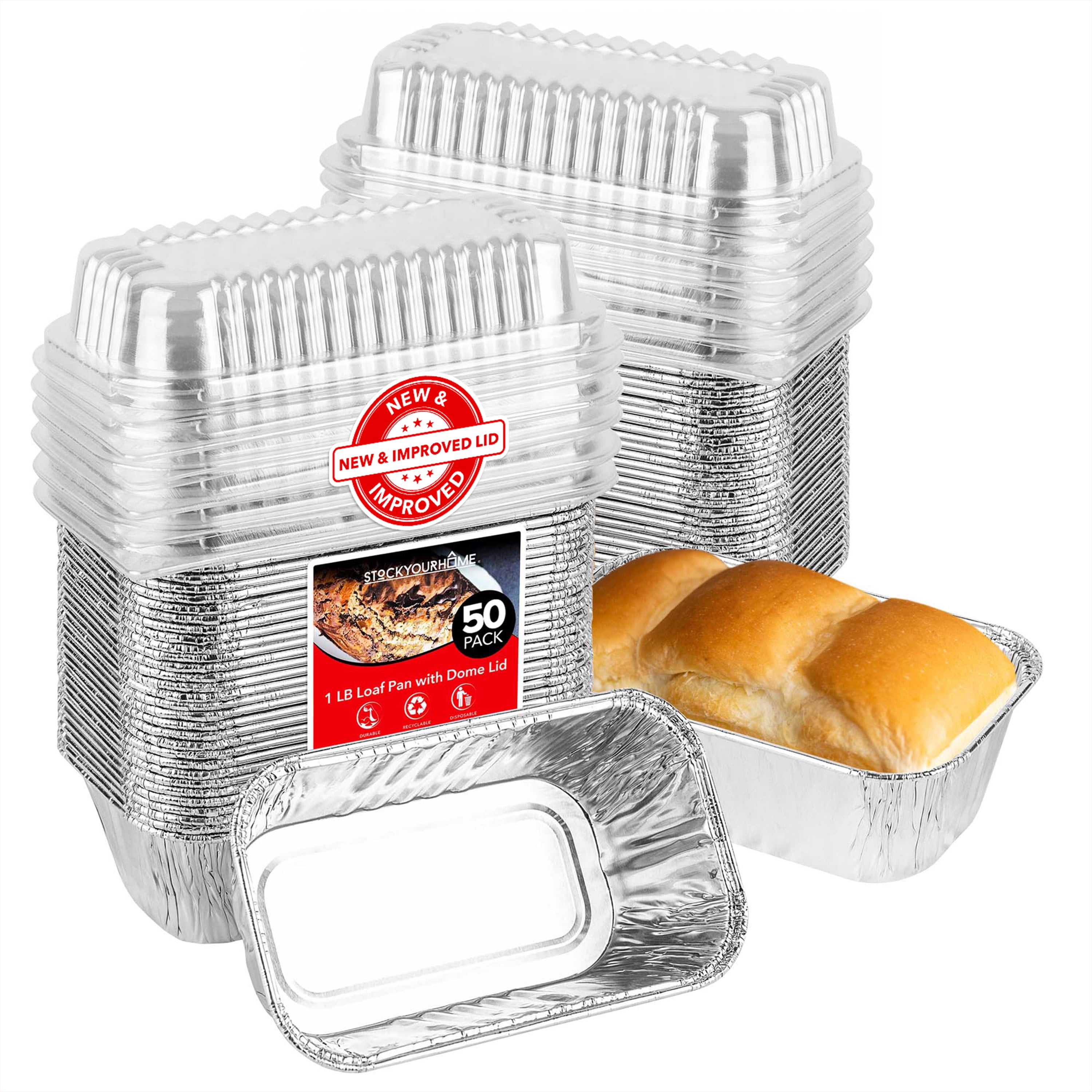 Stock Your Home Disposable Aluminum Mini Loaf Pans with Lids, 1 lb (50
