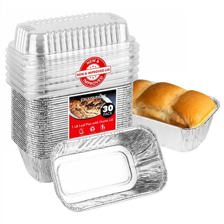 Stock Your Home Disposable Aluminum Mini Loaf Pans with Lids, 1 lb (30 Pack) New & Improved Plastic Dome Lid Foil Baking Tins, Tin Pans for Cake, Bread, Holiday Baked Goods Packaging